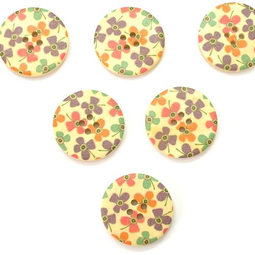Lot 6 boutons bois : rond motif fleur 30mm (08)