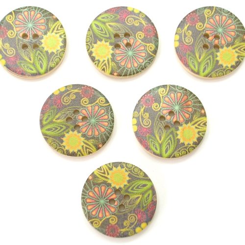 Lot 6 boutons bois : rond motif fleur 30mm (11)