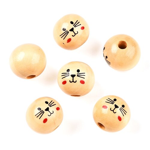 Lot 15 perles bois : rondes écrues motif chat 19mm (01)