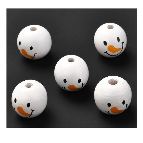 Lot 15 perles bois : rondes blanches motif bonhomme 19mm (01)