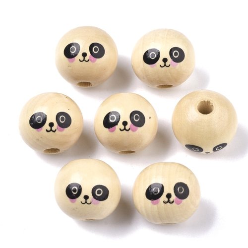 Lot 15 perles bois : rondes écrues motif panda 19mm (01)