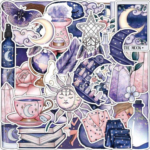 Lot 50 stickers  thème lune plume soleil dimension de  5 à 8cm