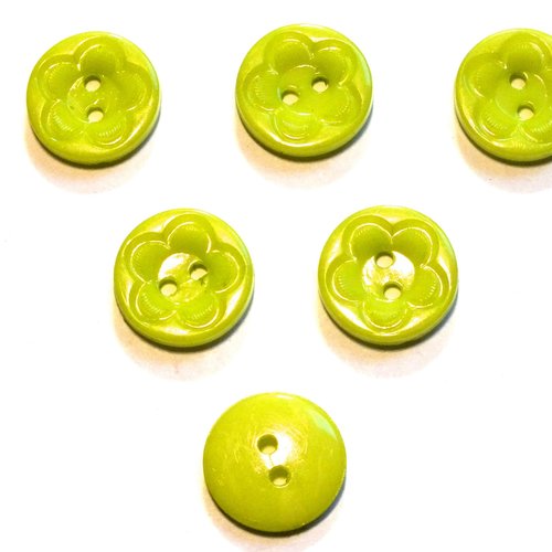 Lot 6 boutons acryliques: rond motif fleur vert 21mm (01)