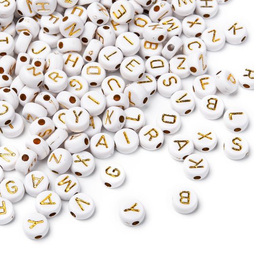 Perles acryliques :100  rondes blanches avec lettres dorées 7mm