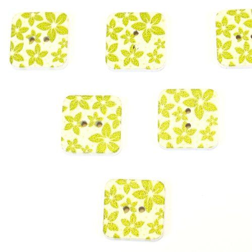 Lot 6 boutons bois : carré motif fleur 15mm (04)
