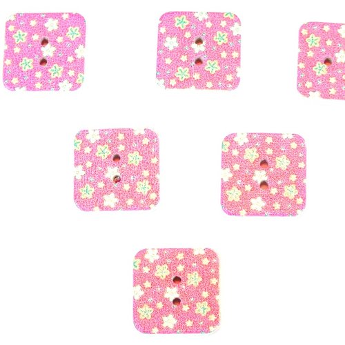 Lot 6 boutons bois : carré motif fleur 15mm (05)