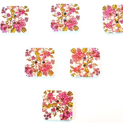 Lot 6 boutons bois : carré motif fleur 15mm (06)