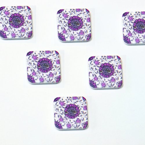Lot 6 boutons bois : carré motif fleur 15mm (41)