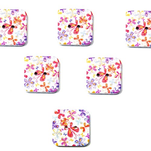 Lot 6 boutons bois : carré motif fleur 15mm (44)