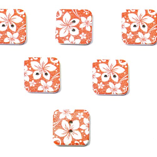 Lot 6 boutons bois : carré motif fleur 15mm (45)