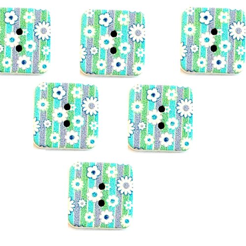 Lot 6 boutons bois : carré motif fleur 15mm (48)