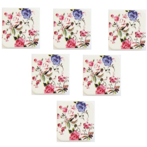 Lot 6 boutons bois : carré motif fleur 15mm (49)