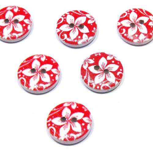 Lot 6 boutons bois : rond motif fleur 15mm (130)