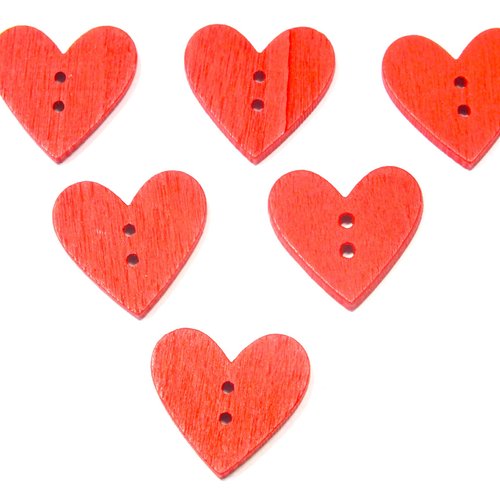 Lot 6 boutons bois : coeur rouge 19*18mm (09)