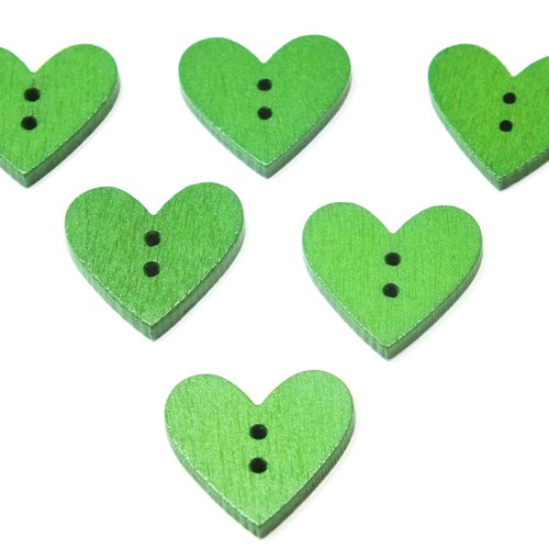 Lot 6 boutons bois : coeur vert 19*18mm (09)