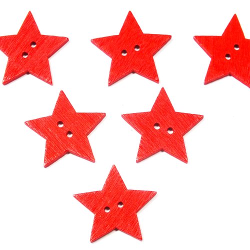 Lot 6 boutons bois : etoile rouge 17mm (01)