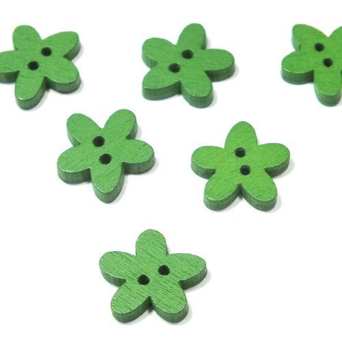 Lot 6 boutons bois : fleur verte 15mm (11)