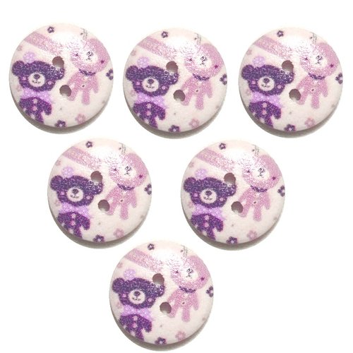 Lot 6 boutons bois : rond motif ourson 15mm (01)