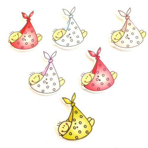 Lot 6 boutons bois : thème enfant bébé 41*35mm (01)