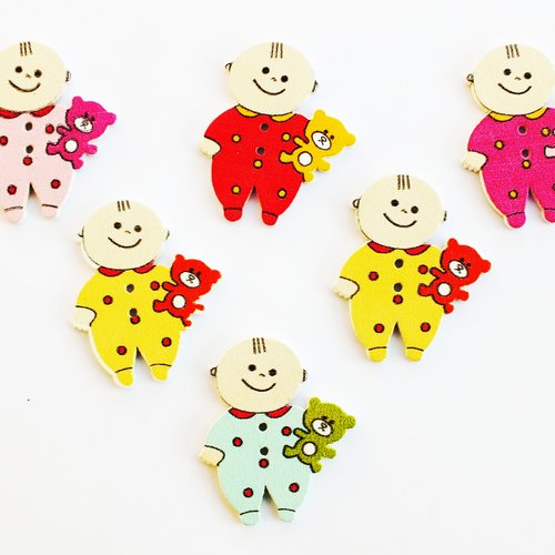 Lot 6 boutons bois : thème enfant bébé 35*30mm (02)