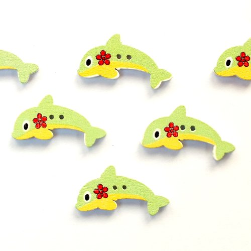 Lot 6 boutons bois : dauphin vert 30*15mm