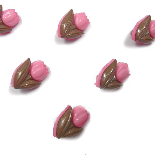 Lot 6 boutons acryliques : tulipe rose/marron 14*11mm
