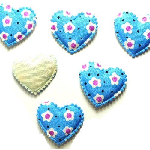 Lot 6 appliques tissu : coeur motif fleur bleu 35*30mm