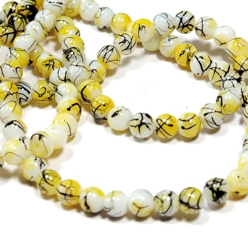 Perles verres : 100 rondes jaune/blanc rayures noires 6mm