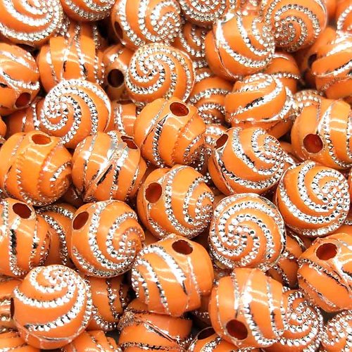 Perles acryliques : 25 rondes oranges motif spirales brillantes 7mm