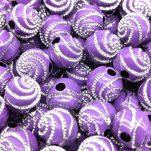Perles acryliques : 25 rondes mauves motif spirales brillantes 7mm