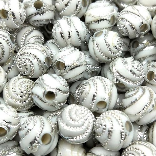 Perles acryliques : 25 rondes blanches motif spirales brillantes 7mm