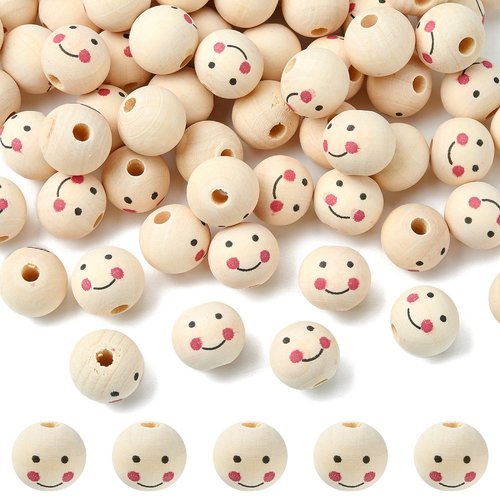 Perles bois : 100 rondes écrues motif visage 19mm (03)