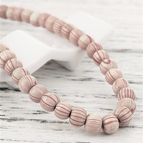Perles bois : 50 rondes marbrées blanc/rouges 6mm (13)
