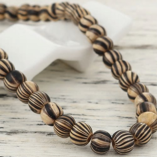 Perles bois : 70 rondes beige/noire 8mm (07)