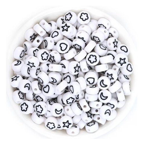 Perles acryliques : 100 rondes plates blanches avec motifs noirs 7mm