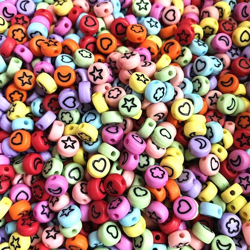 Perles acryliques : 100 rondes plates multicolores avec motifs noirs 7mm