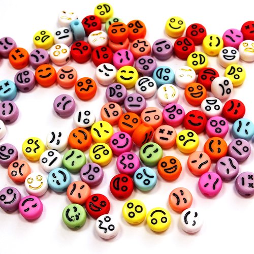 Perles acryliques : 50 rondes plates multicolores avec motif visage noir 7mm