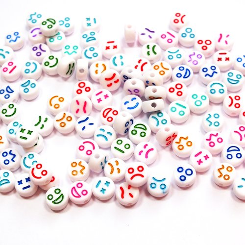 Perles acryliques : 50 rondes plates blanches avec motif visage multicolore 7mm