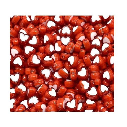 Perles acryliques : 25 coeurs rouge/blanc 8*7mm