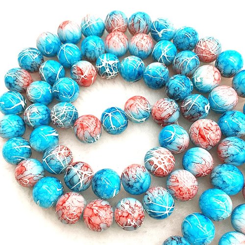 Perles verres : 30 rondes marbrées bleu/rouge/blanc 8mm (27)