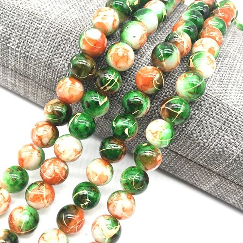 Perles verres : 50 rondes marbrées vert/orange/blanc 4mm (28)