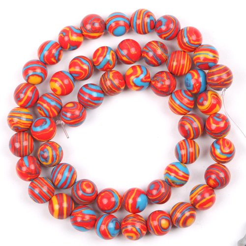 Perles malachite synthetique : 90 rondes rayures rouge bleu orange 4mm