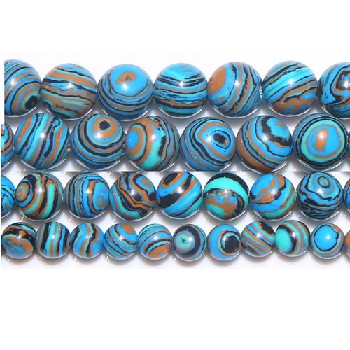 Perles malachite synthetique : 50 rondes rayures bleu marron noir 8mm