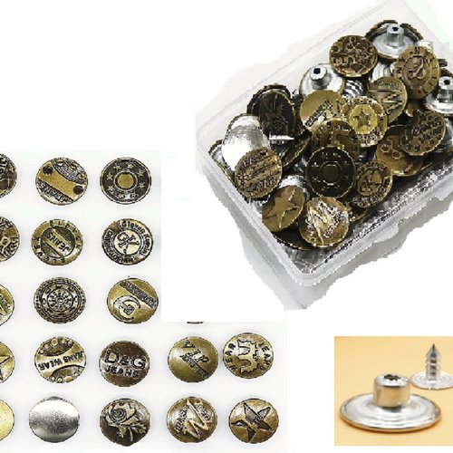 Lot 30 boutons metal 20mm  : rond à pression pour jean