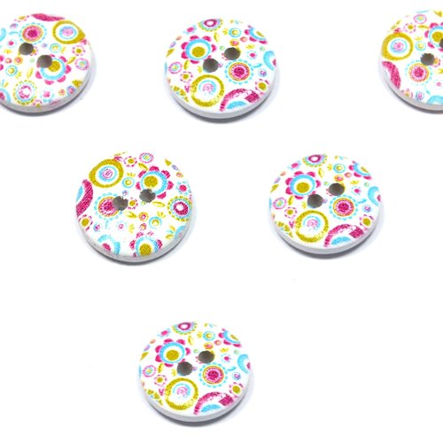 Lot 6 boutons bois : rond motif fantaisie 25mm (05)