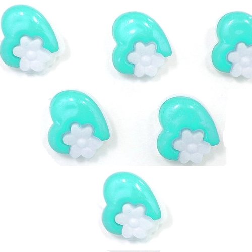 Lot 6 boutons acryliques : coeur bleu clair + fleur blanche 14*14mm