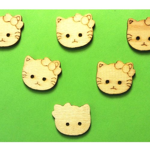 Lot 6 boutons bois : tete de chat 18*16mm (01)