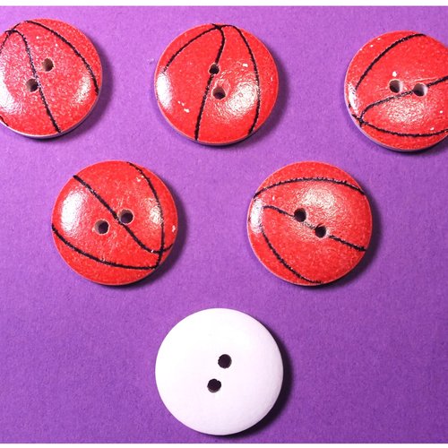 Lot 6 boutons bois : rond motif ballon 20mm (03)