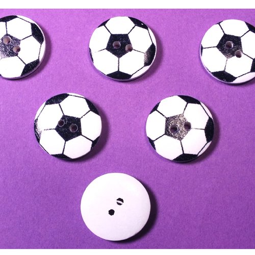 Lot 6 boutons bois : rond motif ballon 20mm (04)