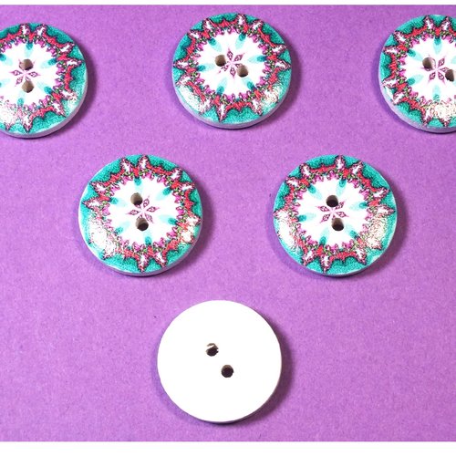 Lot 6 boutons bois : rond motif fantaisie 20mm (05)